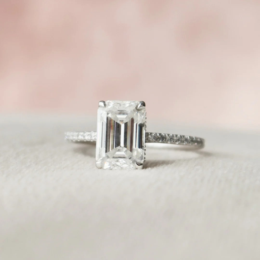 3.0 Carat Emerald Cut Lab Diamond Ring with Pavé Band – view 3