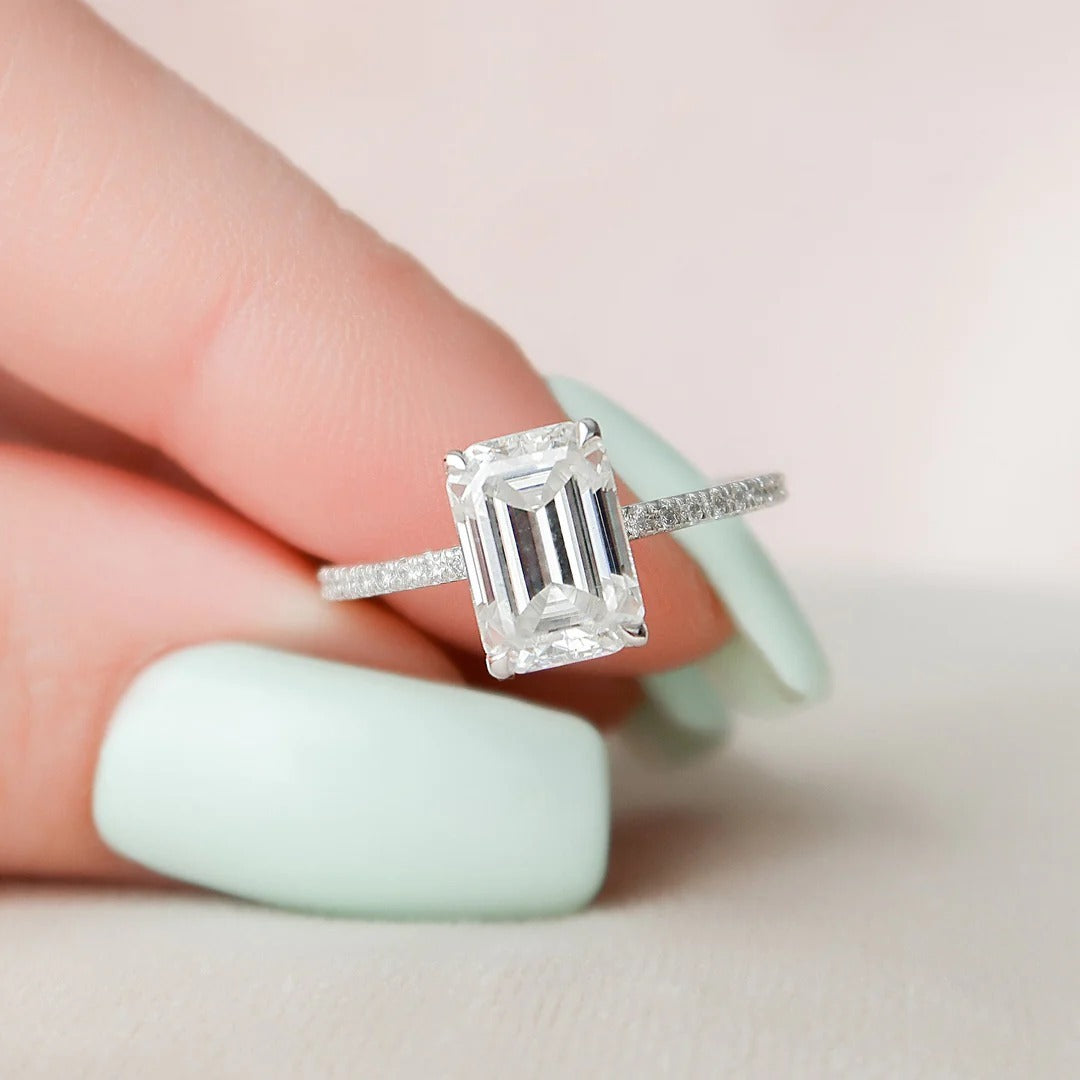 3.0 Carat Emerald Cut Lab Diamond Ring with Pavé Band – view 2