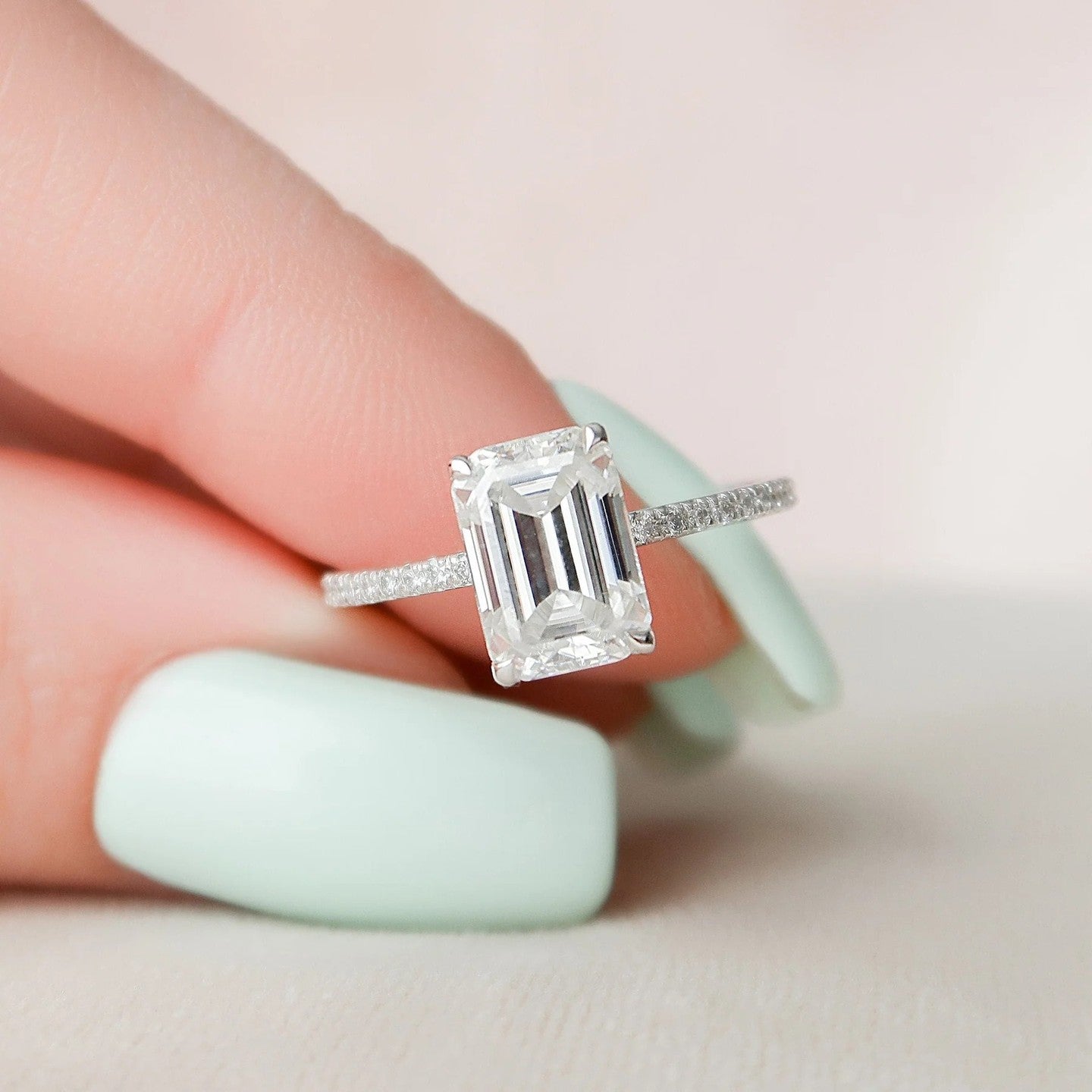 3.0 Carat Emerald Cut Lab Diamond Ring with Pavé Band – view 8