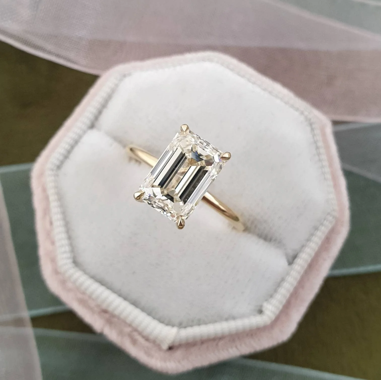 4.5 CT Emerald Cut Solitaire Band with Cathedral Setting and Shoulder Accents – view 2