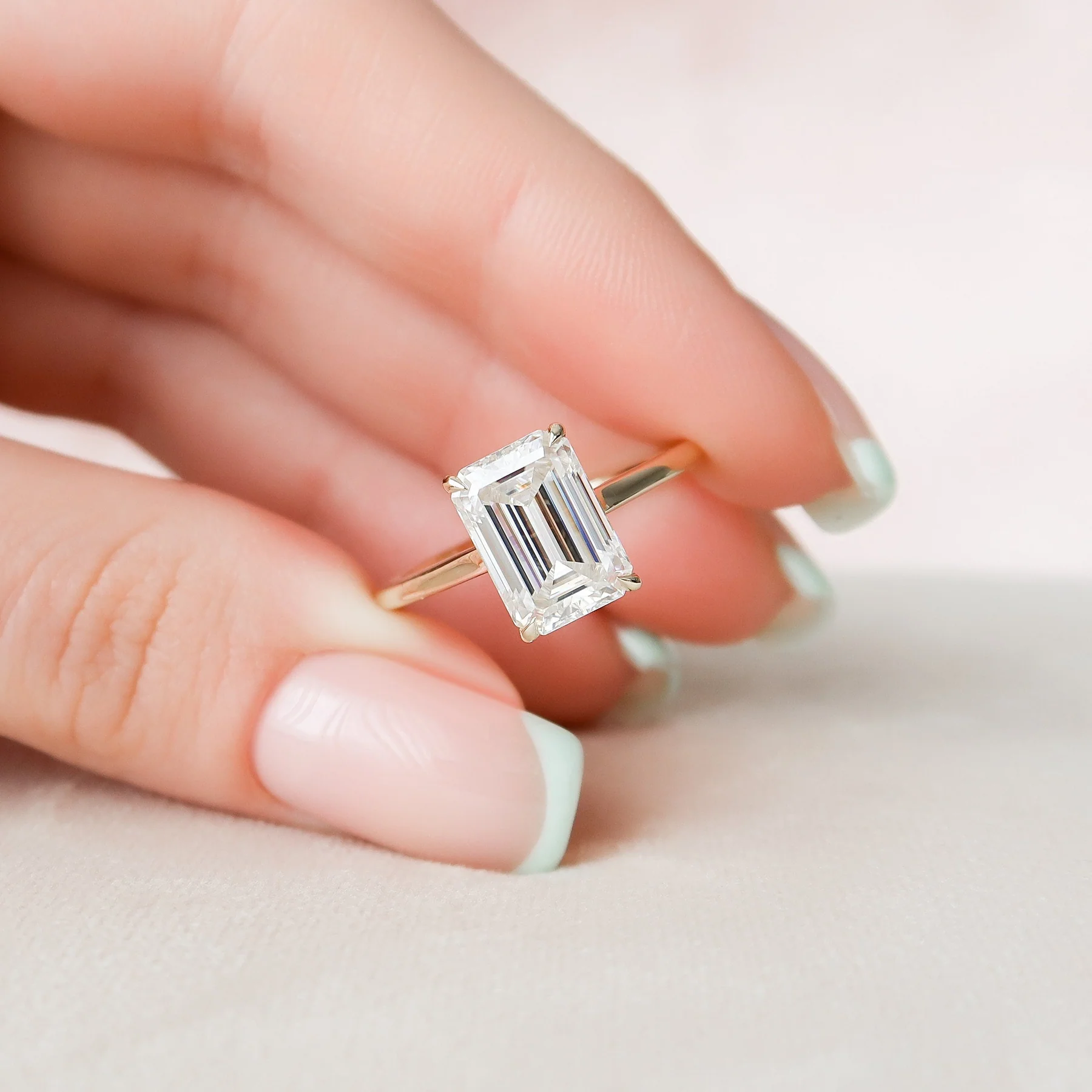 4.5 CT Emerald Cut Solitaire Band with Cathedral Setting and Shoulder Accents