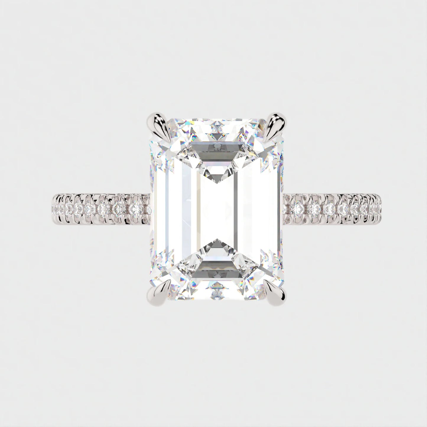 4 Carat Emerald Cut Moissanite Diamond Engagement Ring with Triple Micro Pavé Band