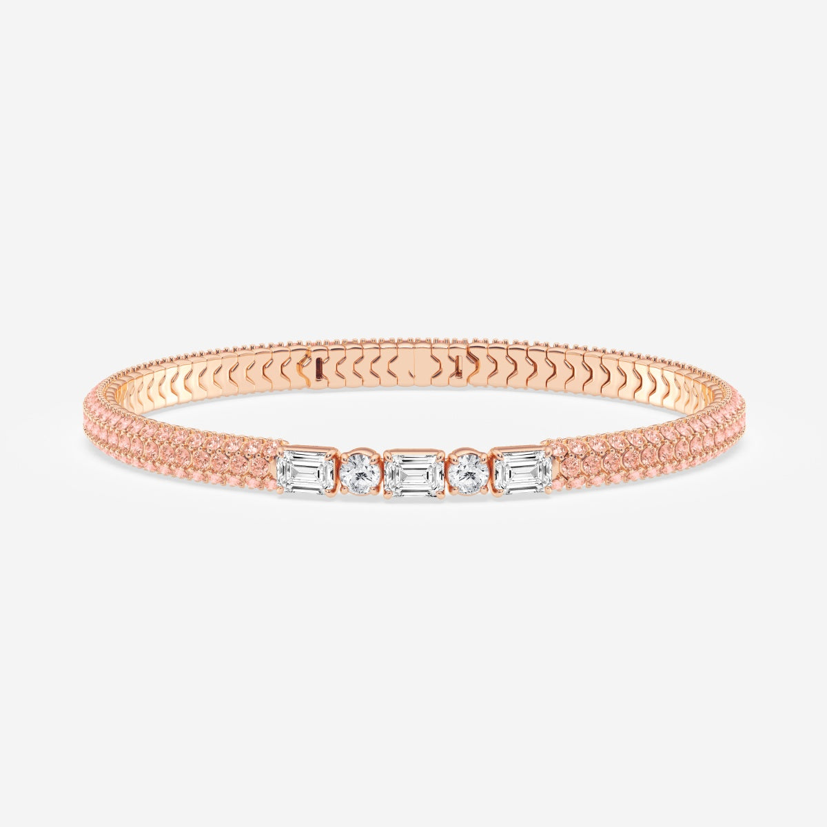 Emerald & Round Moissanite Rollover Flexible Bangle Bracelet with Fancy Pink Side Stones – view 4