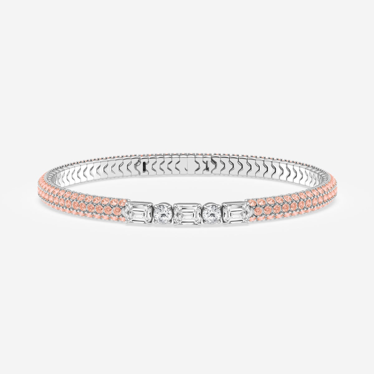 Emerald & Round Moissanite Rollover Flexible Bangle Bracelet with Fancy Pink Side Stones