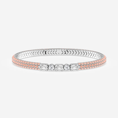 Emerald & Round Moissanite Rollover Flexible Bangle Bracelet with Fancy Pink Side Stones
