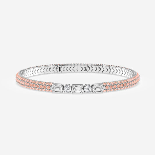 Emerald & Round Moissanite Rollover Flexible Bangle Bracelet with Fancy Pink Side Stones