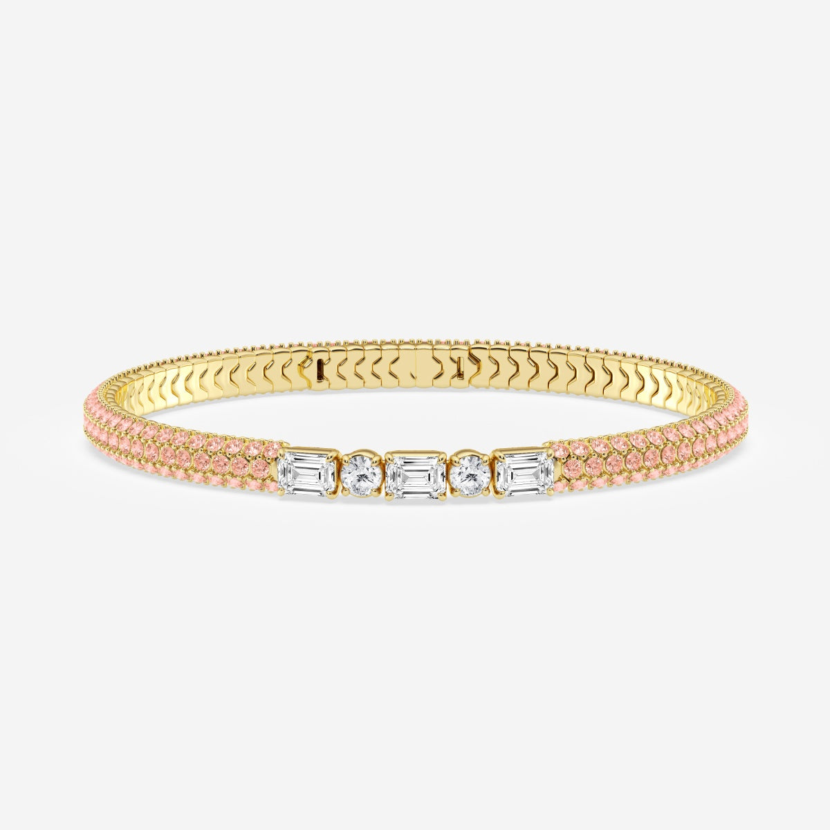 Emerald & Round Moissanite Rollover Flexible Bangle Bracelet with Fancy Pink Side Stones – view 2