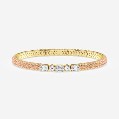Emerald & Round Moissanite Rollover Flexible Bangle Bracelet with Fancy Pink Side Stones