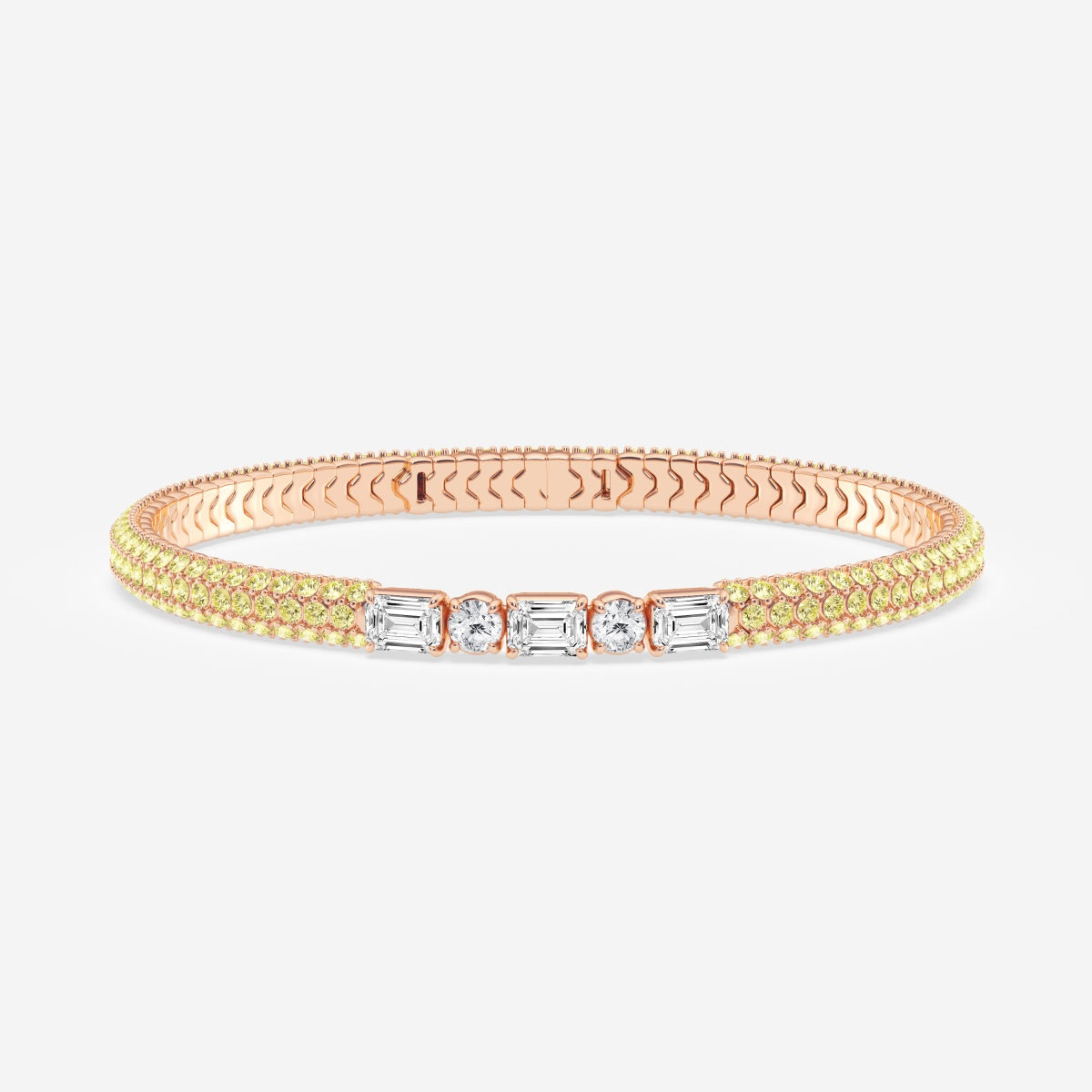 Emerald & Round Moissanite Rollover Flexible Bangle Bracelet with Fancy Yellow Side Stones – view 3
