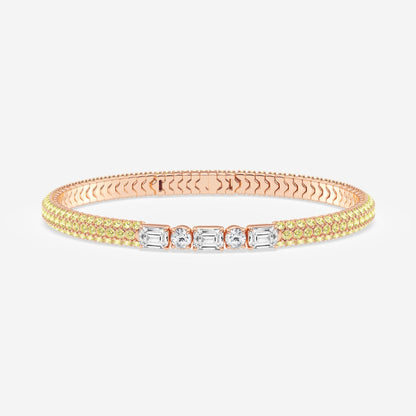 Emerald & Round Moissanite Rollover Flexible Bangle Bracelet with Fancy Yellow Side Stones