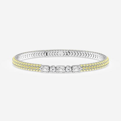 Emerald & Round Moissanite Rollover Flexible Bangle Bracelet with Fancy Yellow Side Stones