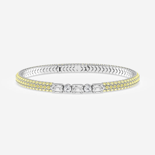 Emerald & Round Moissanite Rollover Flexible Bangle Bracelet with Fancy Yellow Side Stones