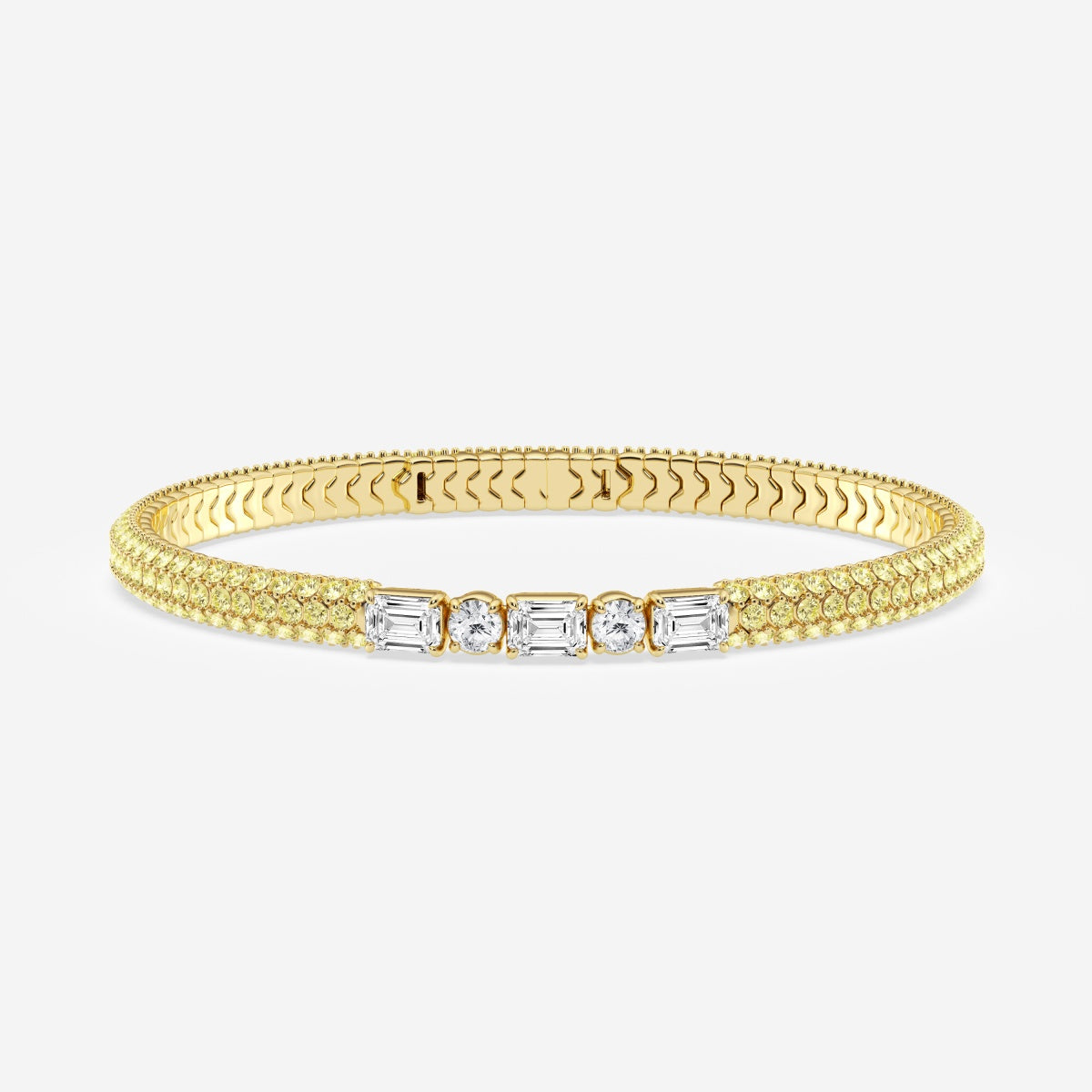 Emerald & Round Moissanite Rollover Flexible Bangle Bracelet with Fancy Yellow Side Stones – view 2