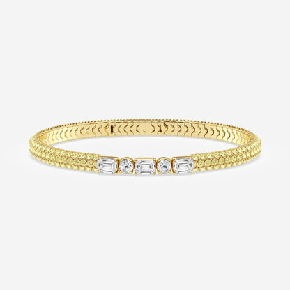 Emerald & Round Moissanite Rollover Flexible Bangle Bracelet with Fancy Yellow Side Stones