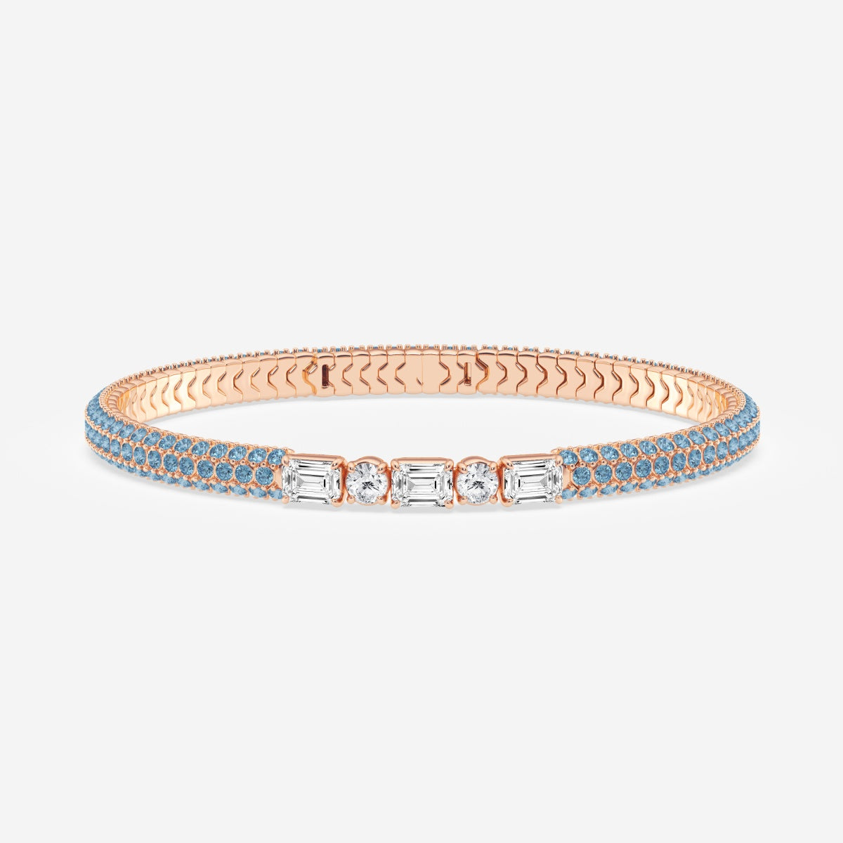 Emerald & Round Moissanite Rollover Flexible Bangle Bracelet with Fancy Blue Side Stones – view 3