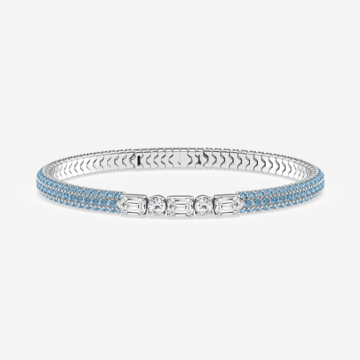 Emerald & Round Moissanite Rollover Flexible Bangle Bracelet with Fancy Blue Side Stones – view 4