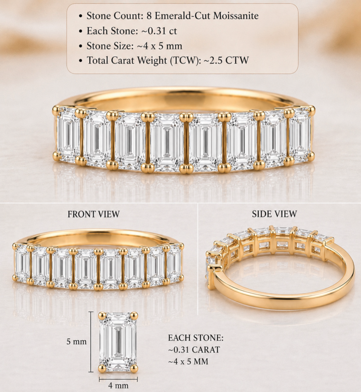 Emerald-Cut Moissanite Eternity Band – 2.5 CTW Gold Statement Ring