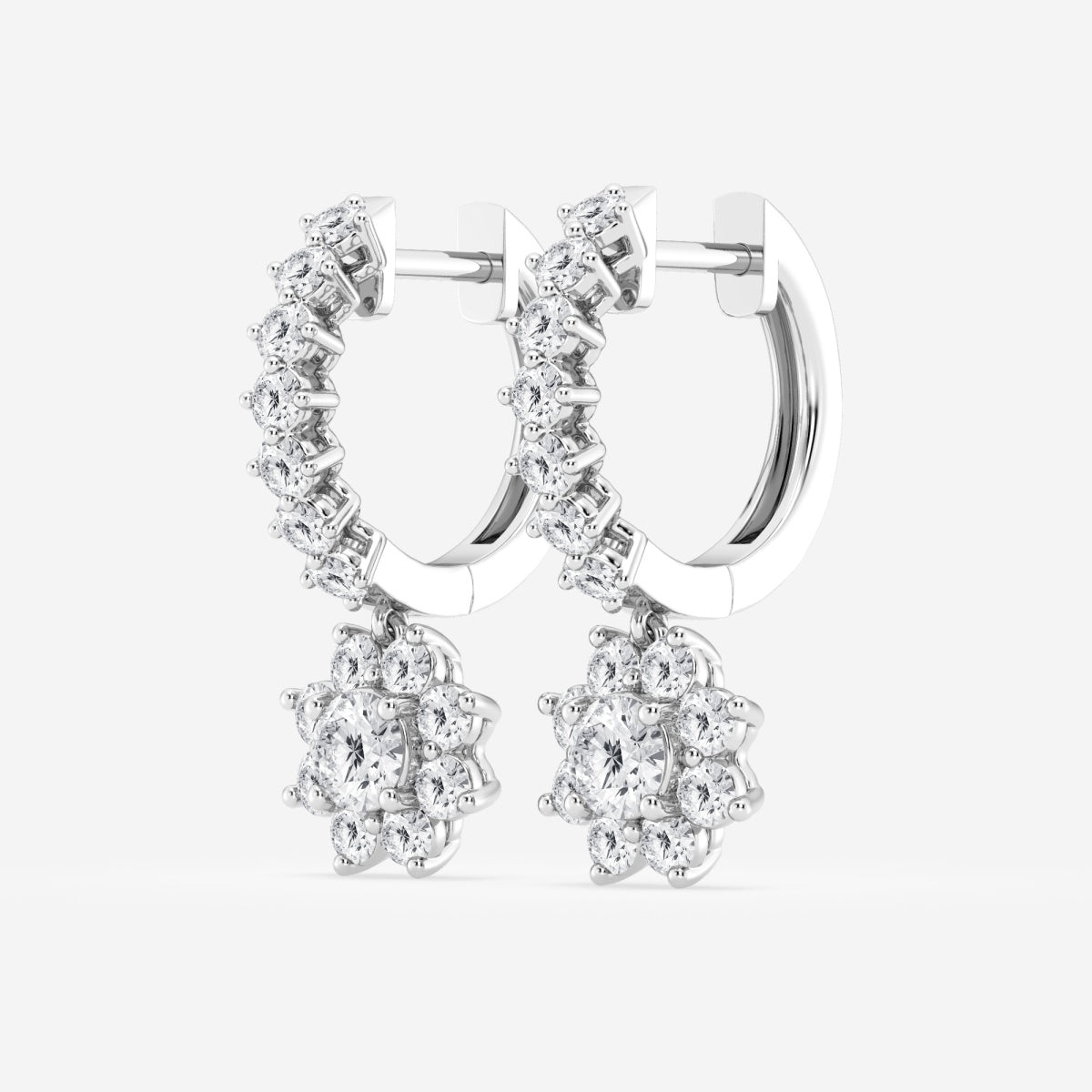 Round Moissanite Sunflower Drop with Petite Hoop Earrings – view 2