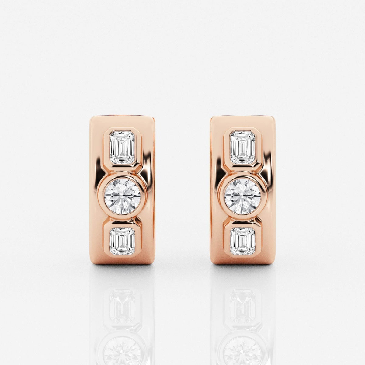 Round and Emerald Three Stone Huggie Hoop Earrings – view 5