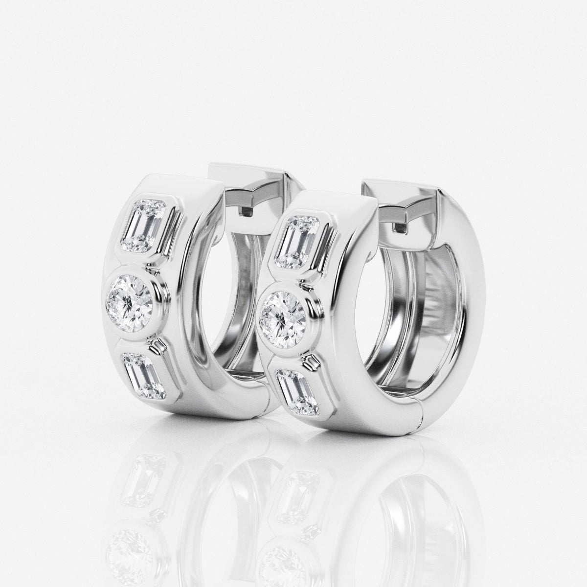 Round and Emerald Three Stone Huggie Hoop Earrings – view 2