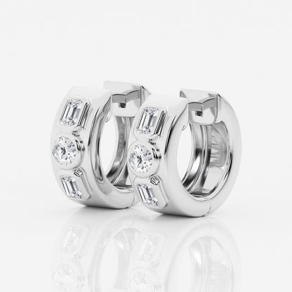 Round and Emerald  Three Stone Huggie Hoop Earrings