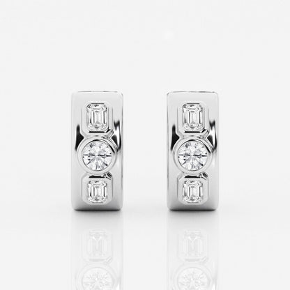 Round and Emerald  Three Stone Huggie Hoop Earrings
