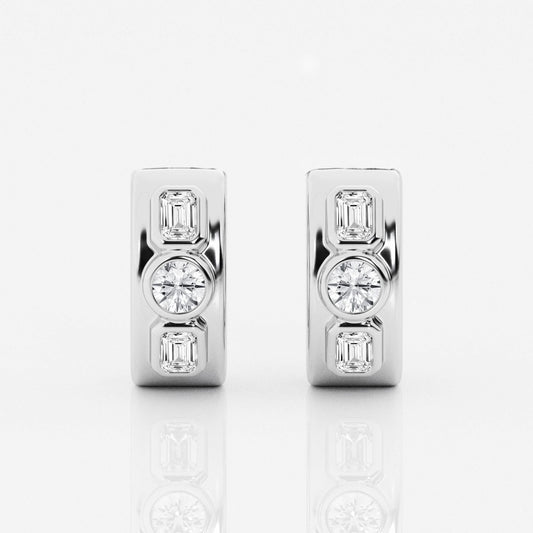 Round and Emerald  Three Stone Huggie Hoop Earrings