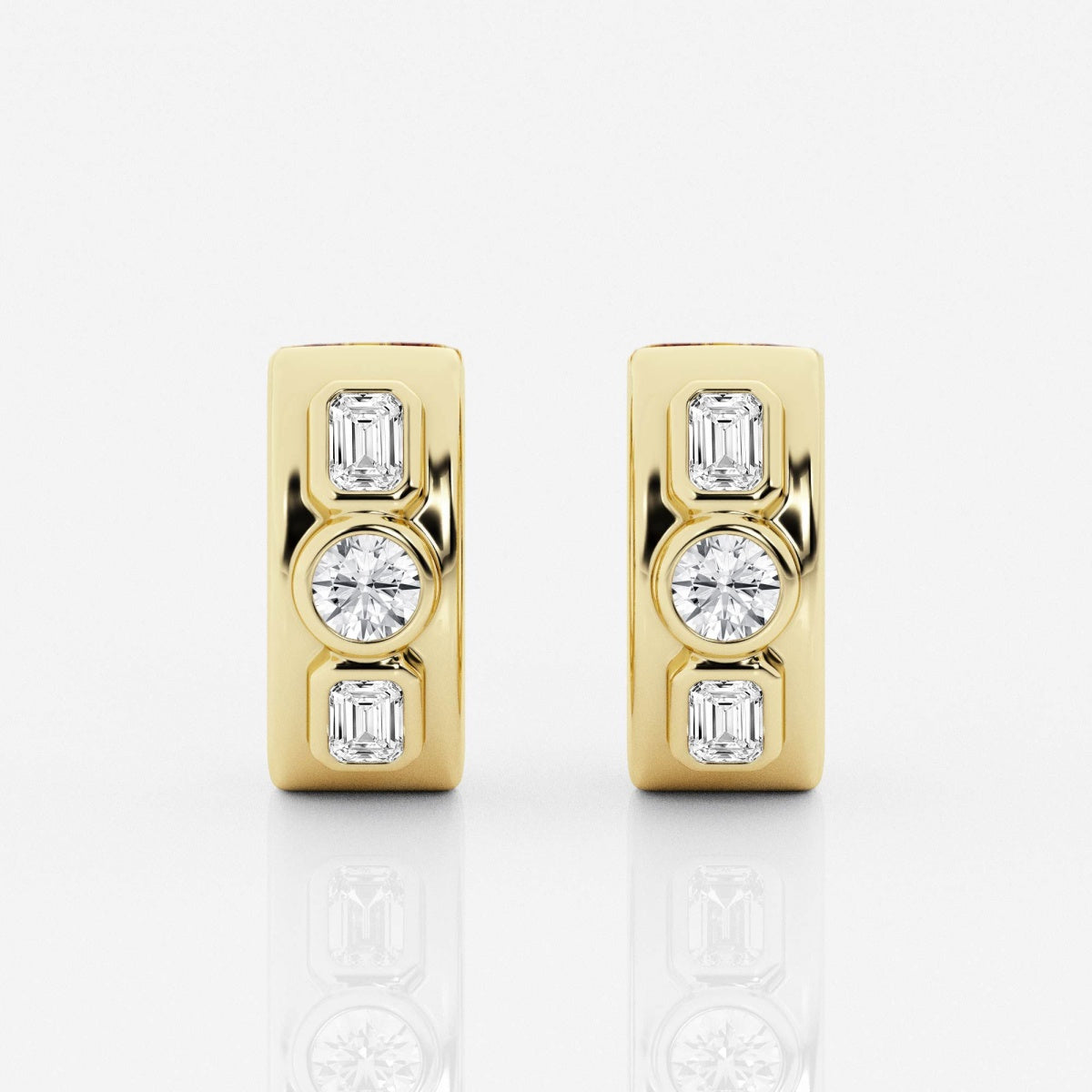 Round and Emerald Three Stone Huggie Hoop Earrings – view 4