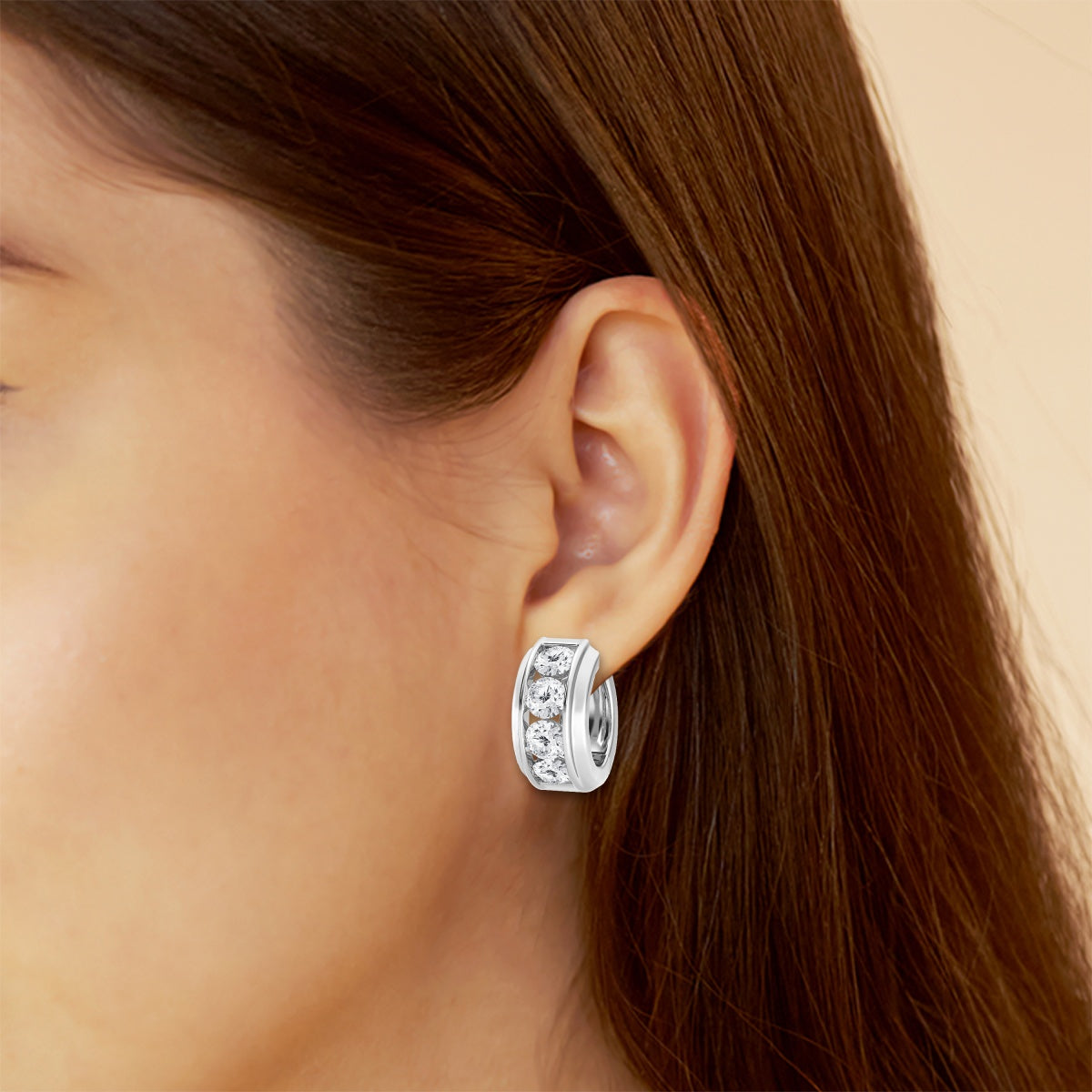Round Moissanite Bold Gold Four Stone Huggie Hoop Earrings – view 3