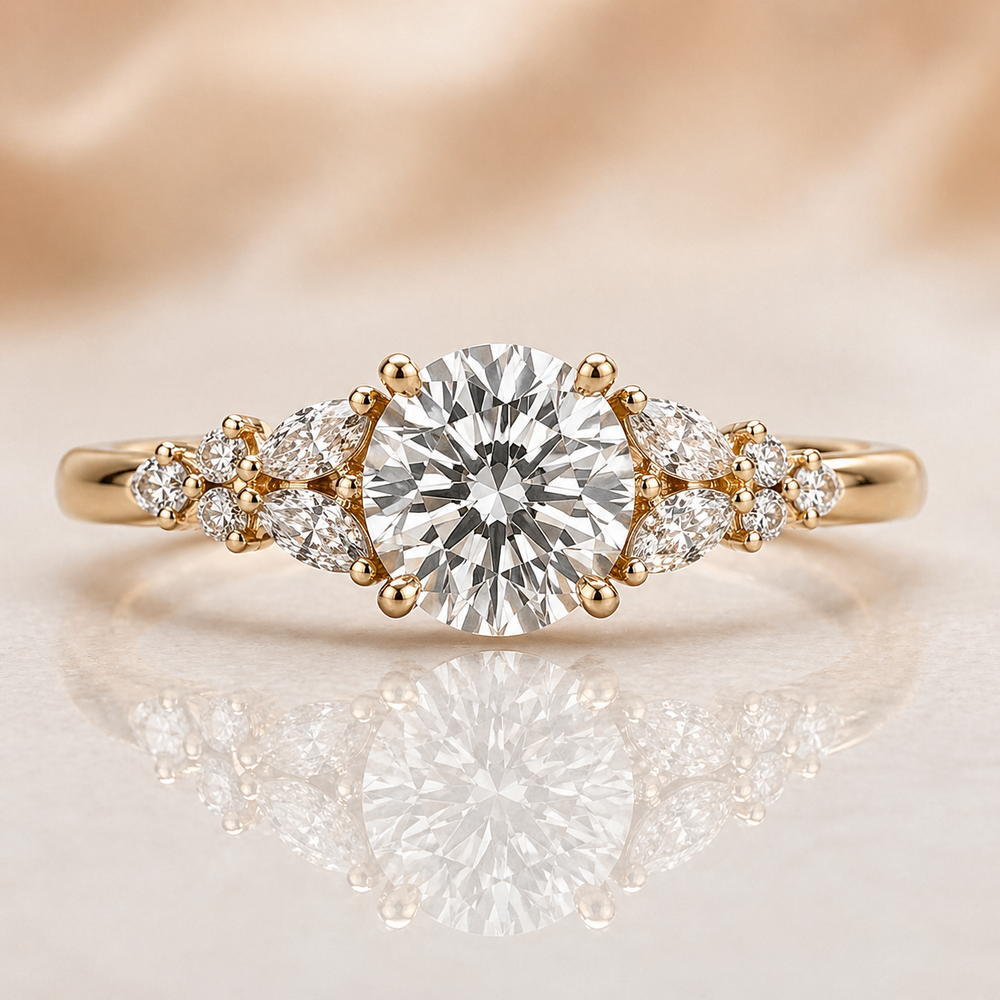 Round Engagement Ring 2 Carat with Marquise & Pavé Band