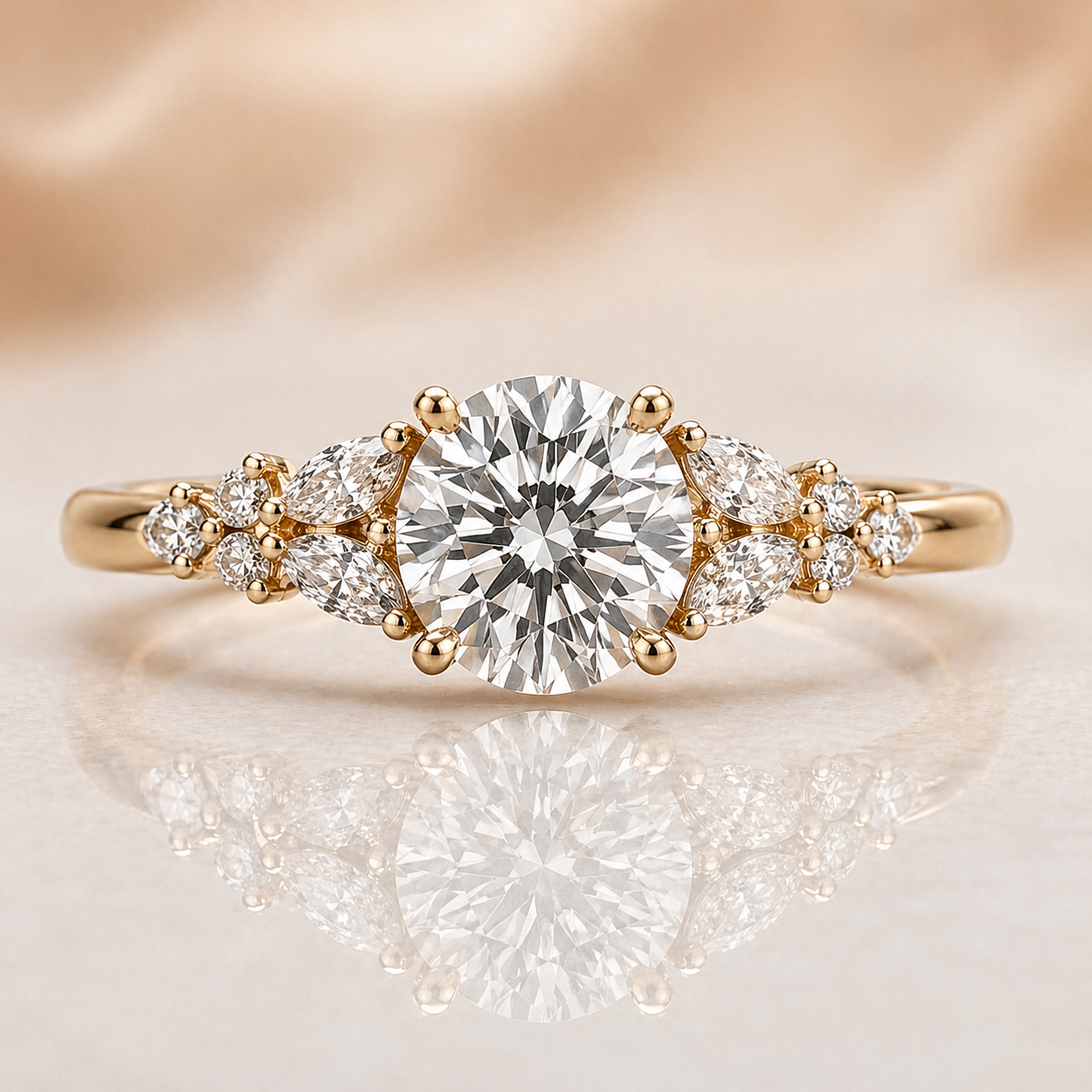 Round Engagement Ring 2 Carat with Marquise & Pavé Band
