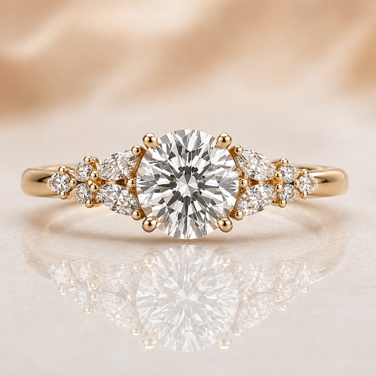 Round Engagement Ring 2 Carat with Marquise & Pavé Band