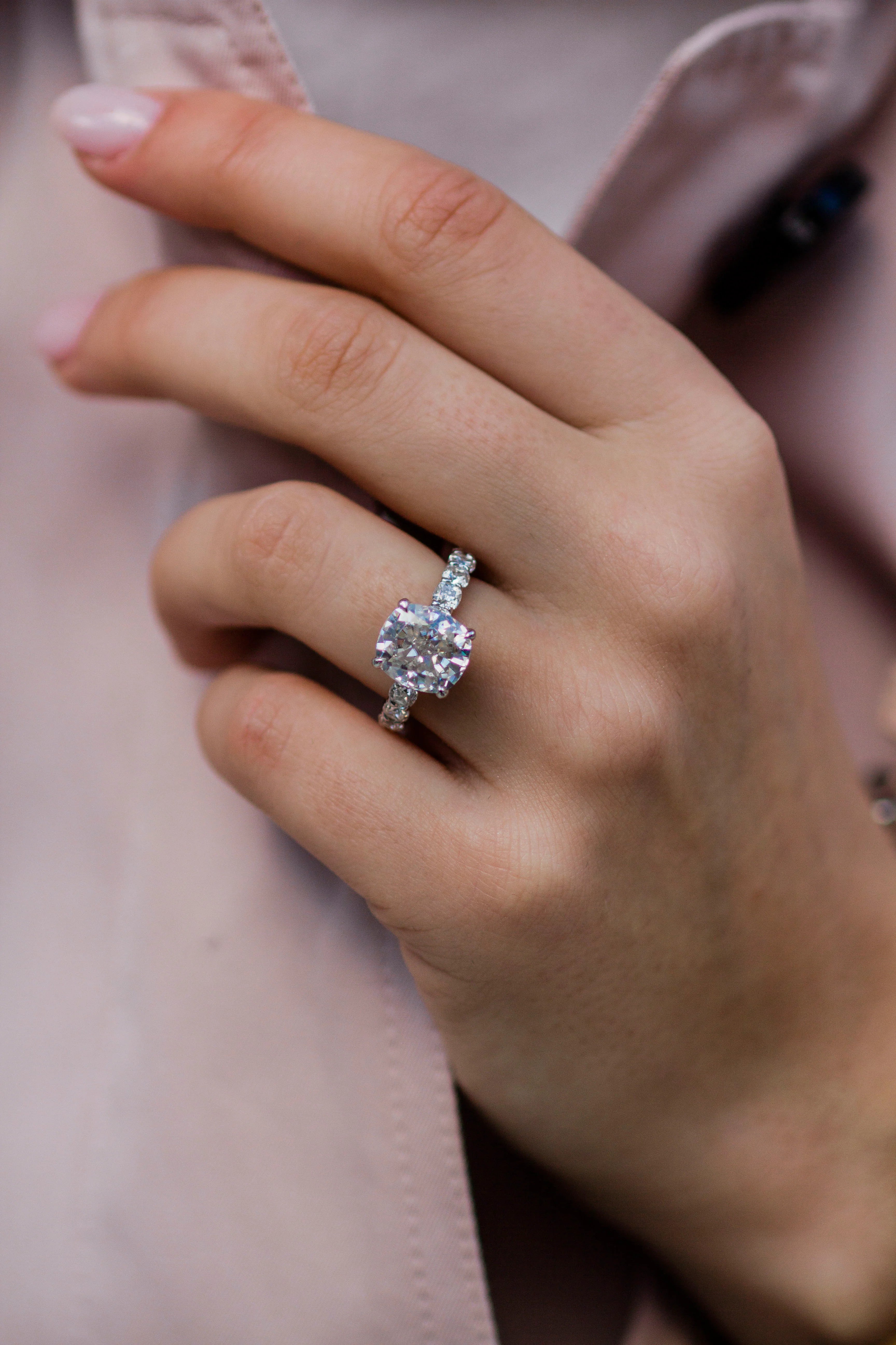 3.5 Carat Cushion Cut Hidden High Halo Lab Diamond Engagement Ring 3mm Eternity Band – view 7