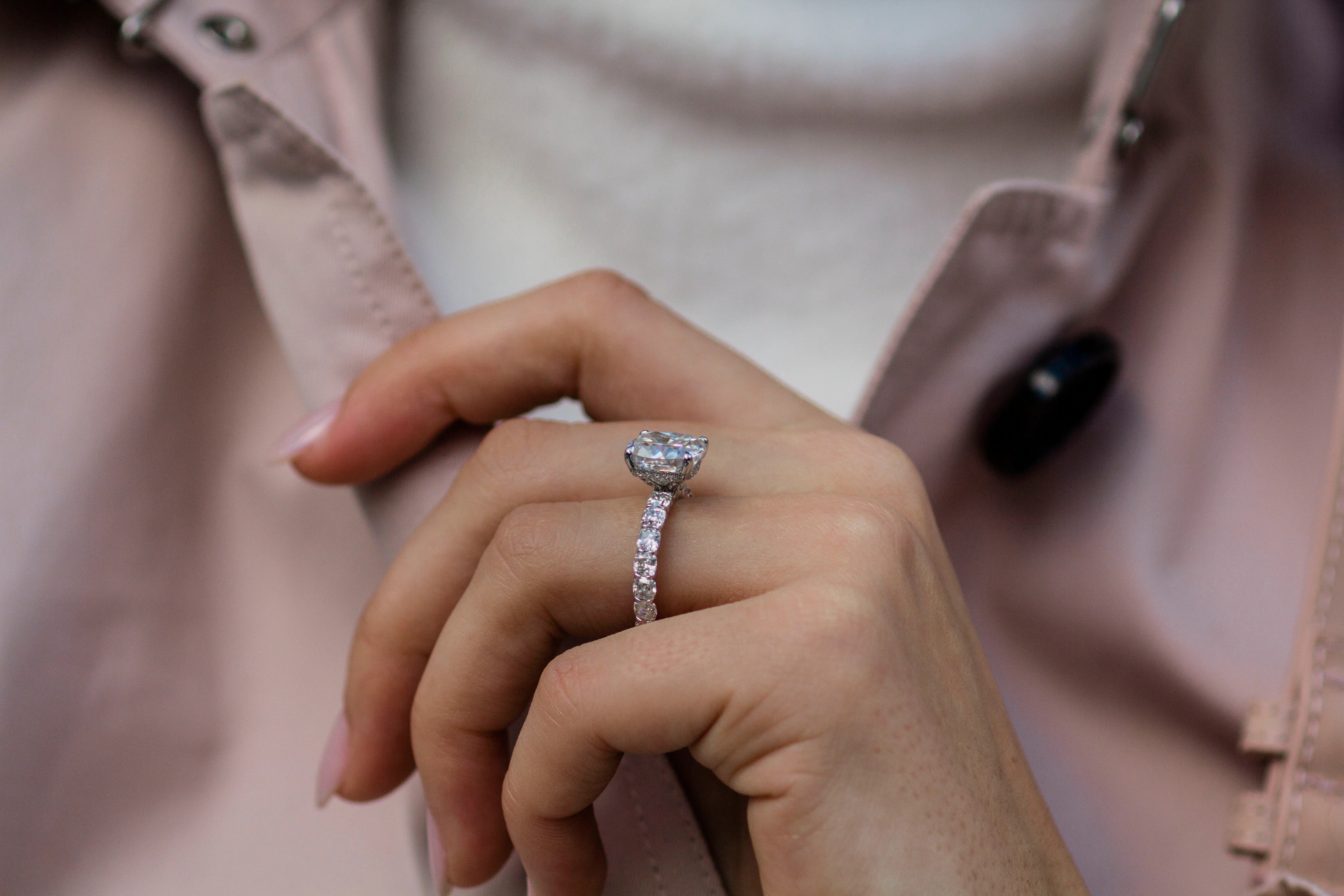 3.5 Carat Cushion Cut Hidden High Halo Lab Diamond Engagement Ring 3mm Eternity Band – view 5