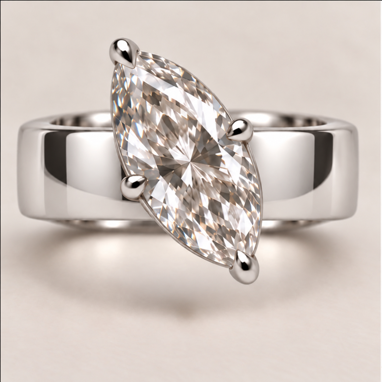 2.5 Carat Marquise Solitaire Engagement Ring with 6mm Wide Band in 14K white gold