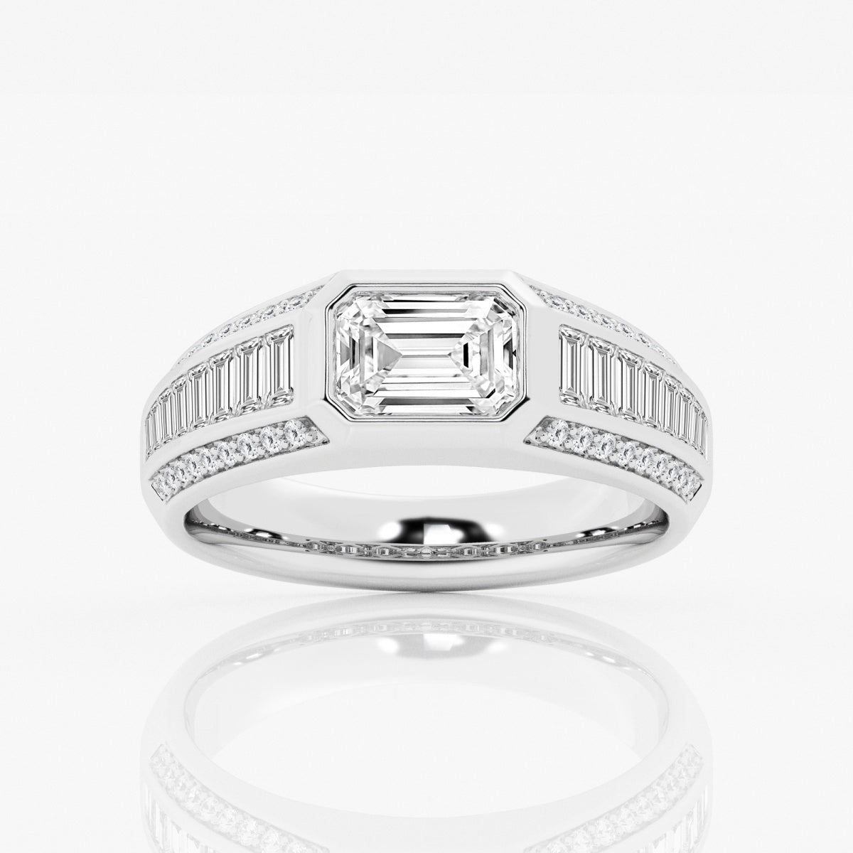 Emerald Moissanite with Graduated Baguette Side Stones Engagement Ring