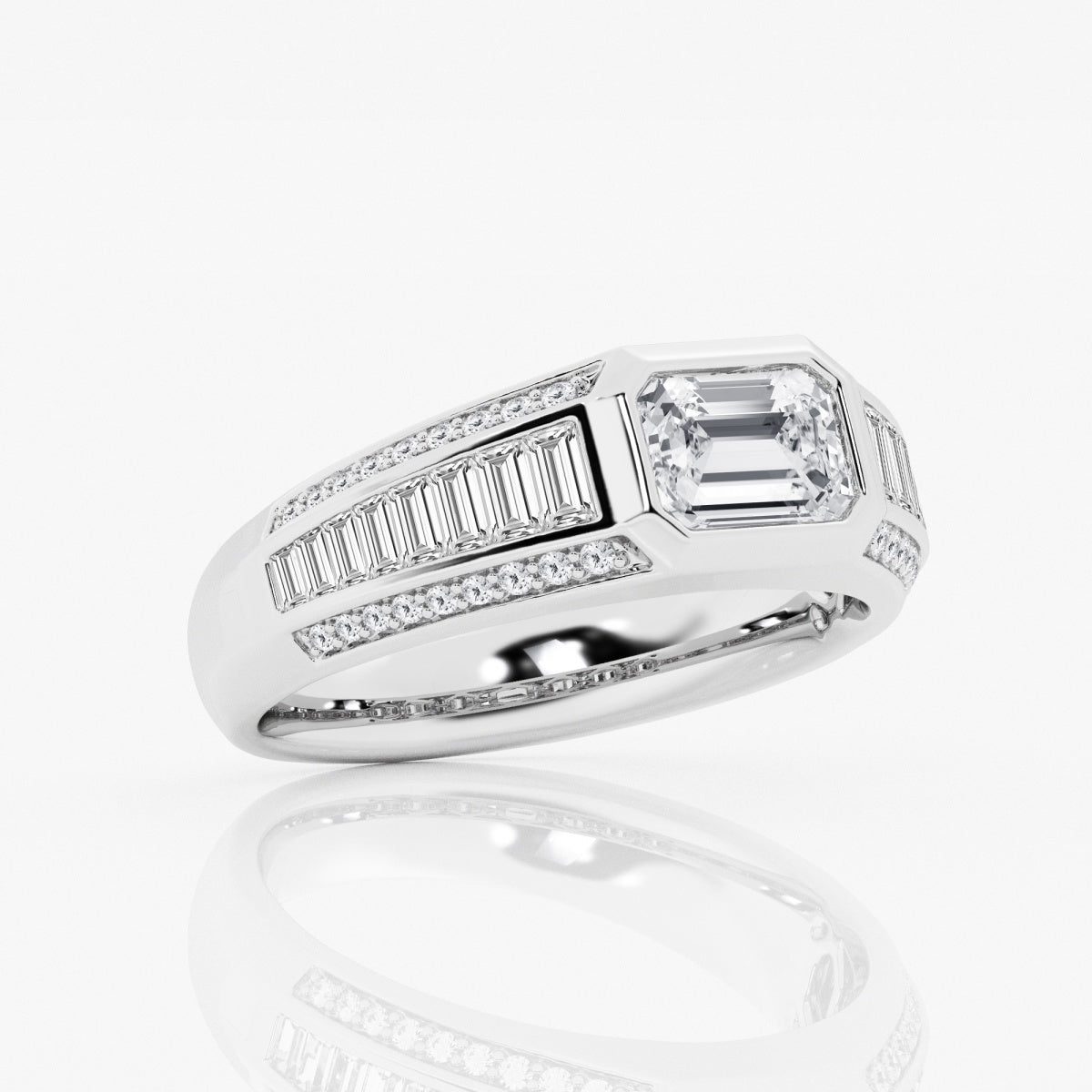 Emerald Moissanite with Graduated Baguette Side Stones Engagement Ring