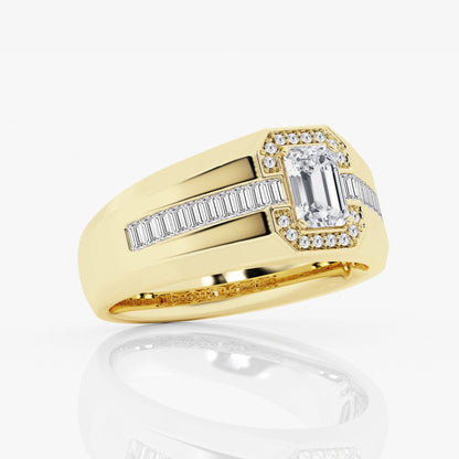 Emerald Moissanite Wide Band With Round and Baguette Side Stones Engagement Ring