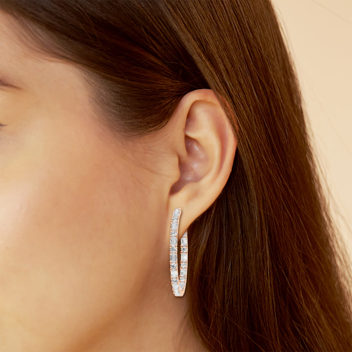 Emerald and Round Moissanite Inside Out Hoop Earrings – view 3