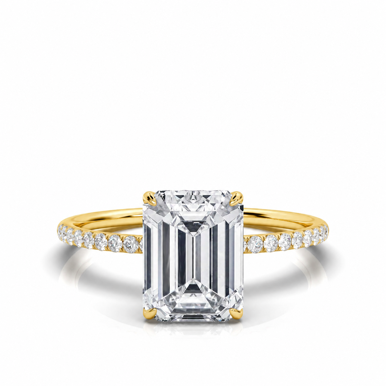 4 Carat Emerald Cut Ring with Pave Band in yellow gold