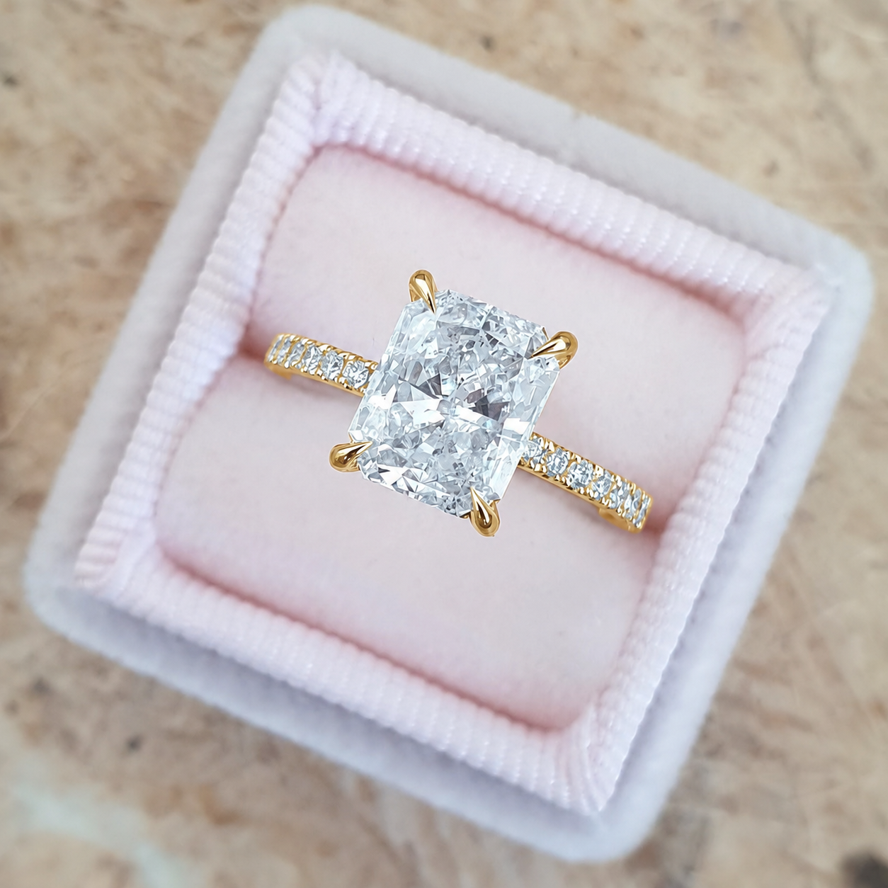 4.0 Carat Cushion Cut Ring With Pave Band in yellow gold