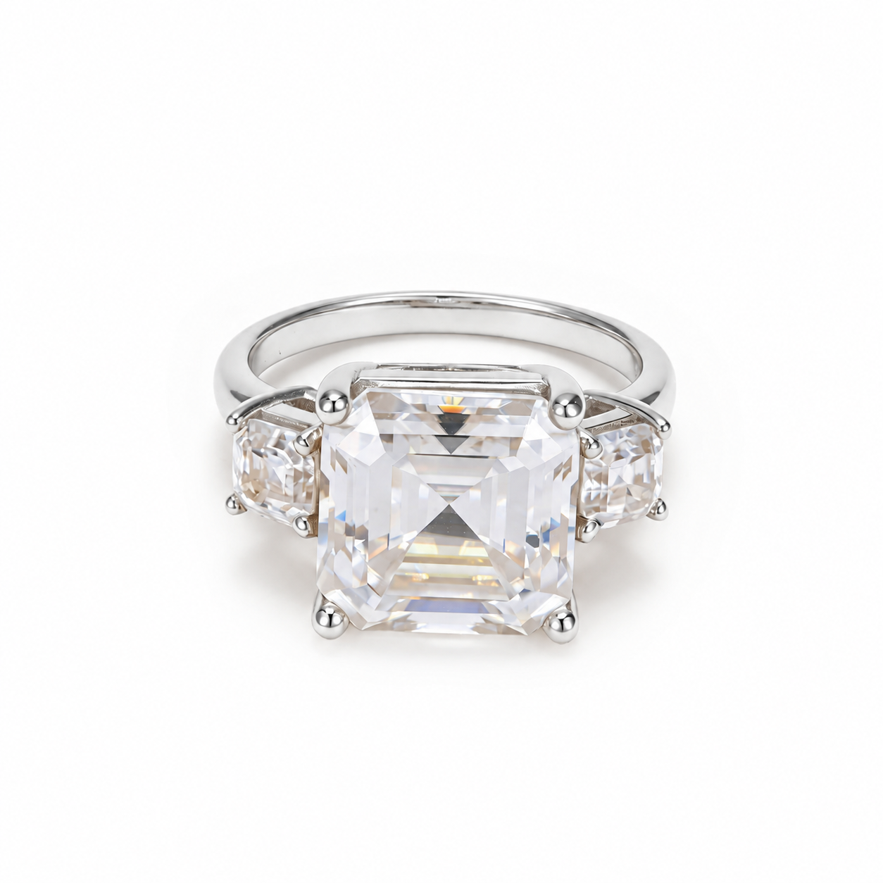 5.00 Carat Asscher Cut Three-Stone Ring in white gold