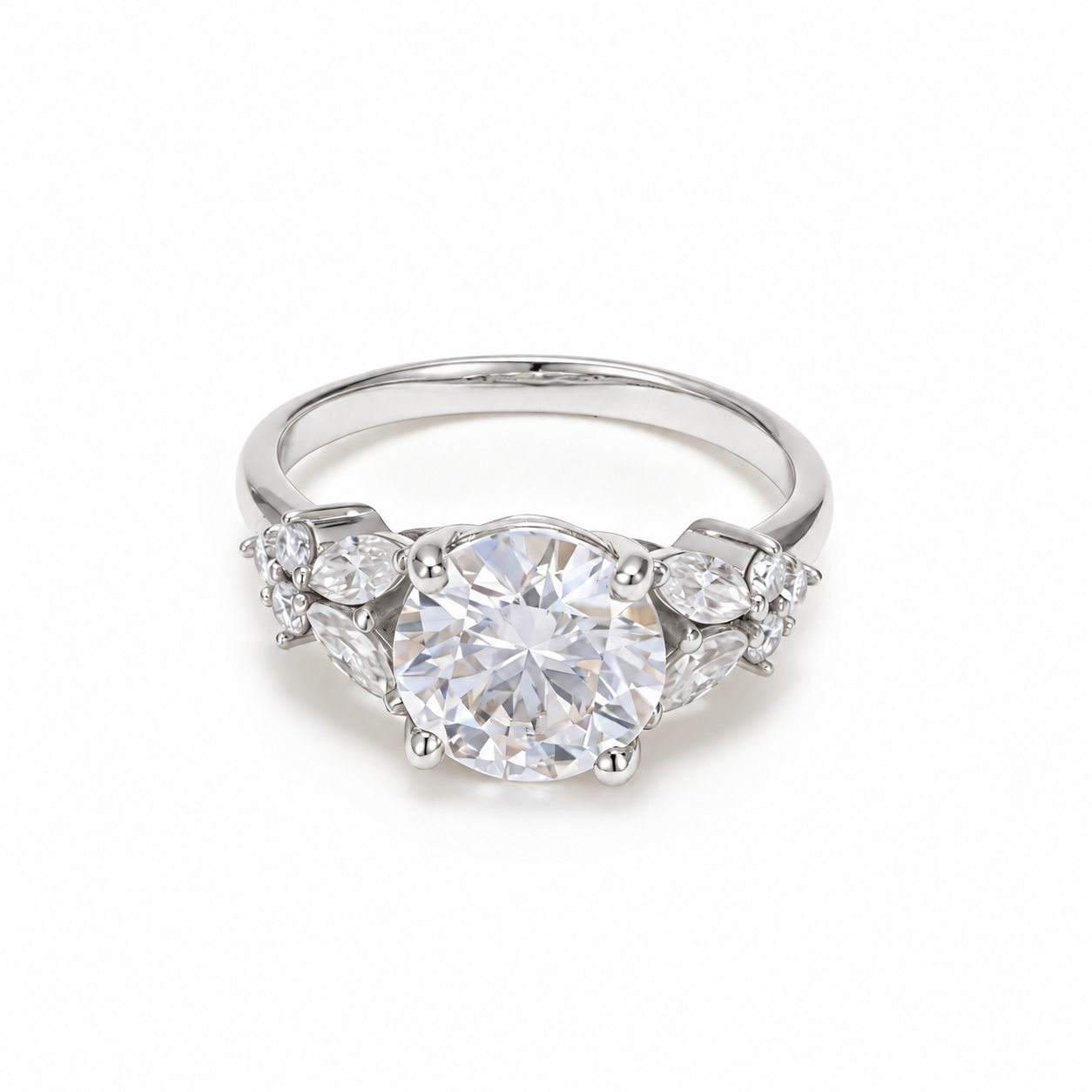2.00 Carat Round Brilliant Ring – Marquise Side Stones in white gold