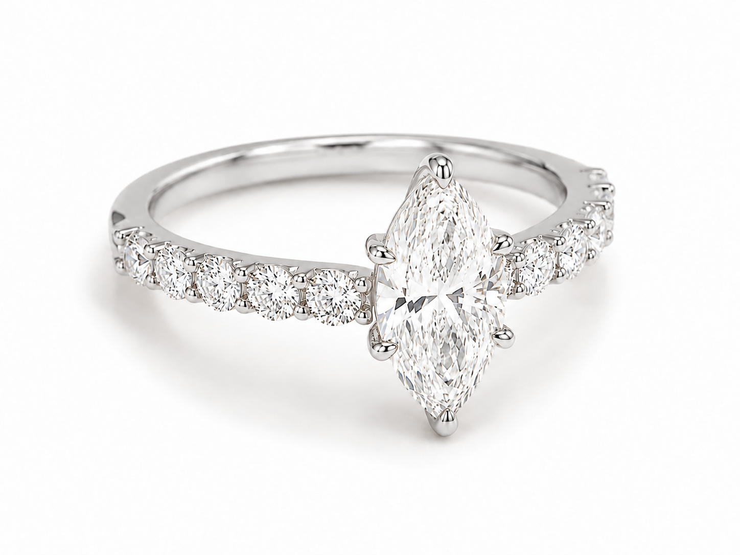 4 Carat Marquise - Round Double Prong Half Eternity Engagement Ring in white gold