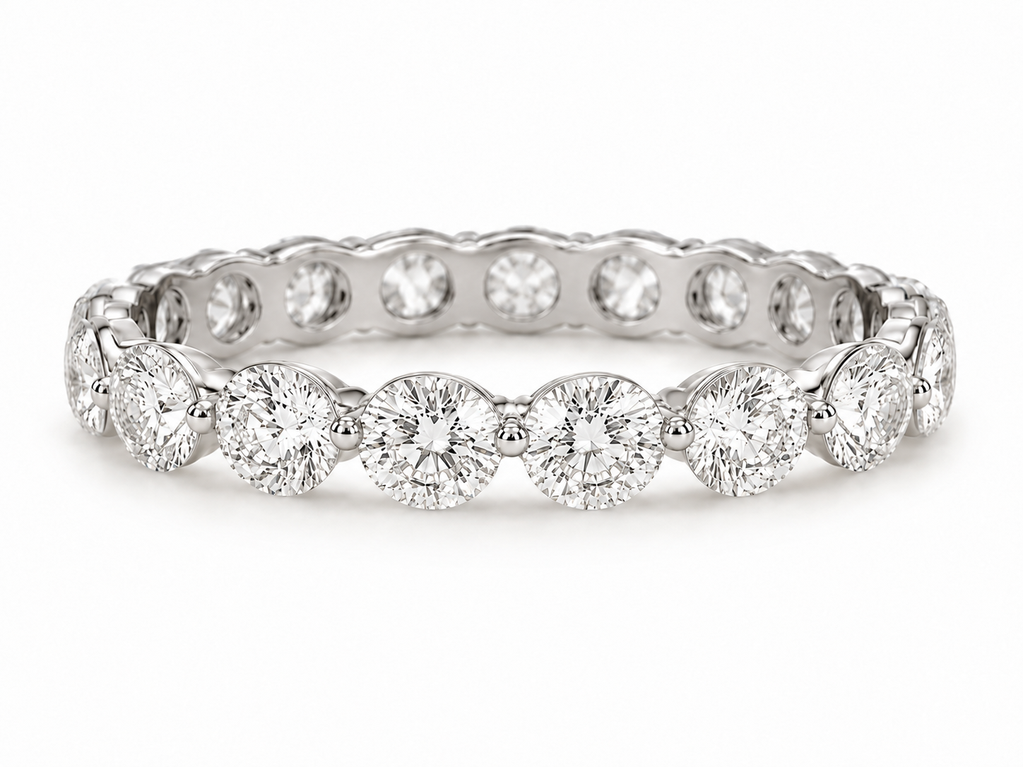 Round Eternity Band — Single Shared Prong in white gold
