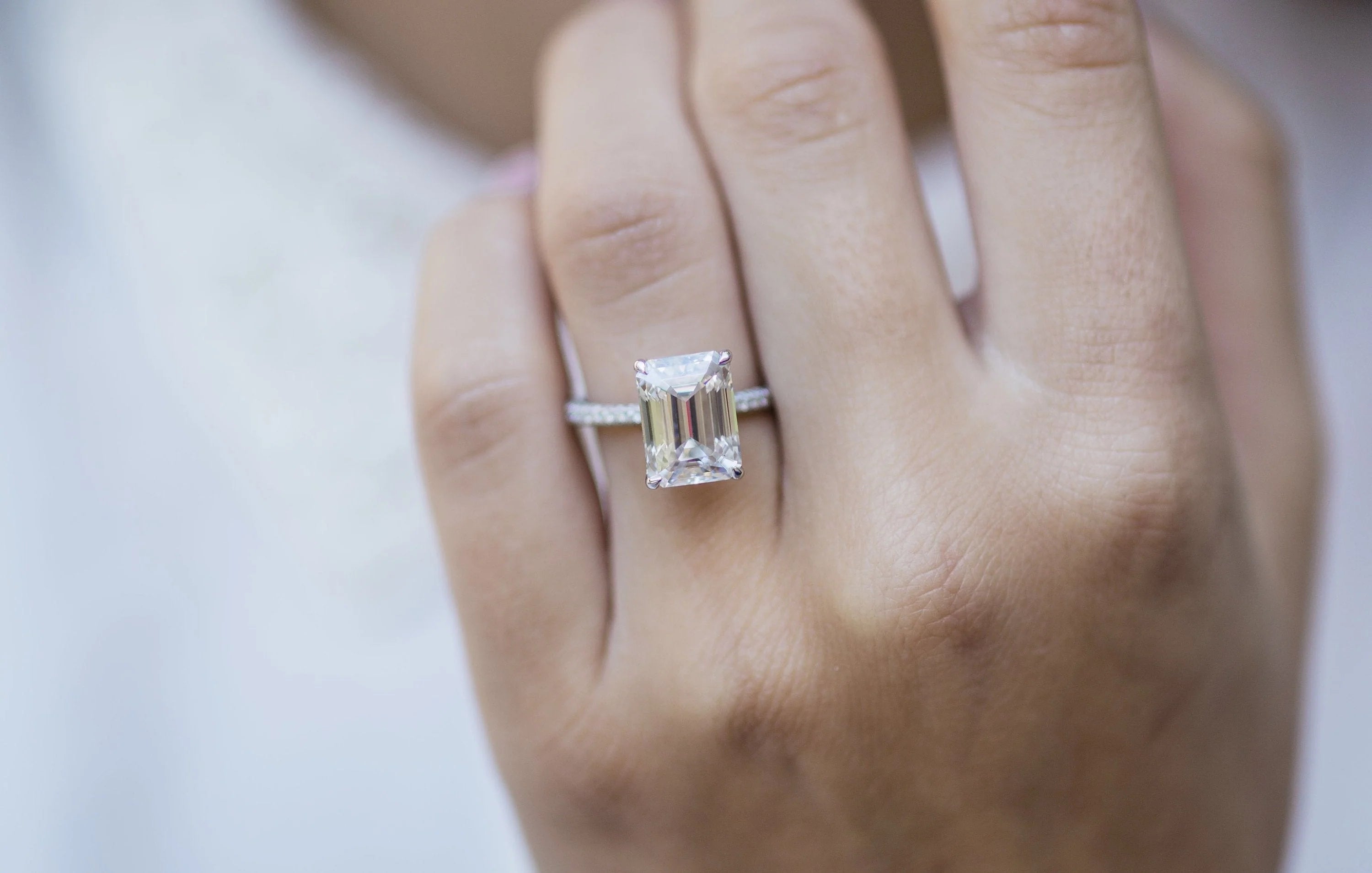 4 Carat Emerald Cut Lab Diamond Engagement Ring with Triple Micro Pavé Band – view 7