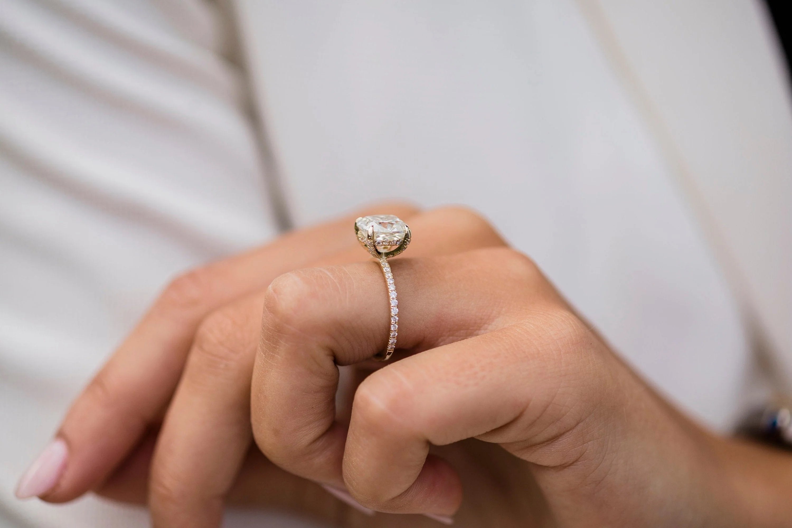 3 Carat Cushion Cut Hidden High Halo Lab Diamond Engagement Ring with Micro Pavé Band – view 4