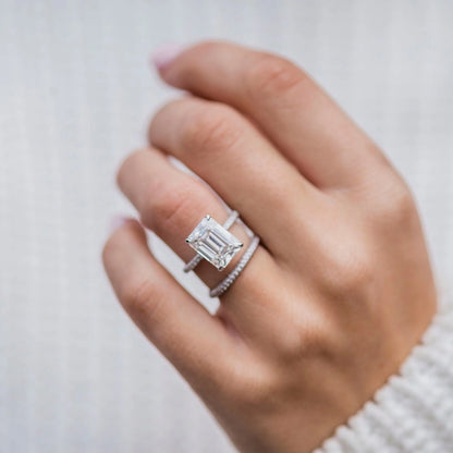 4 Carat Emerald Cut Moissanite Diamond Engagement Ring with Triple Micro Pavé Band