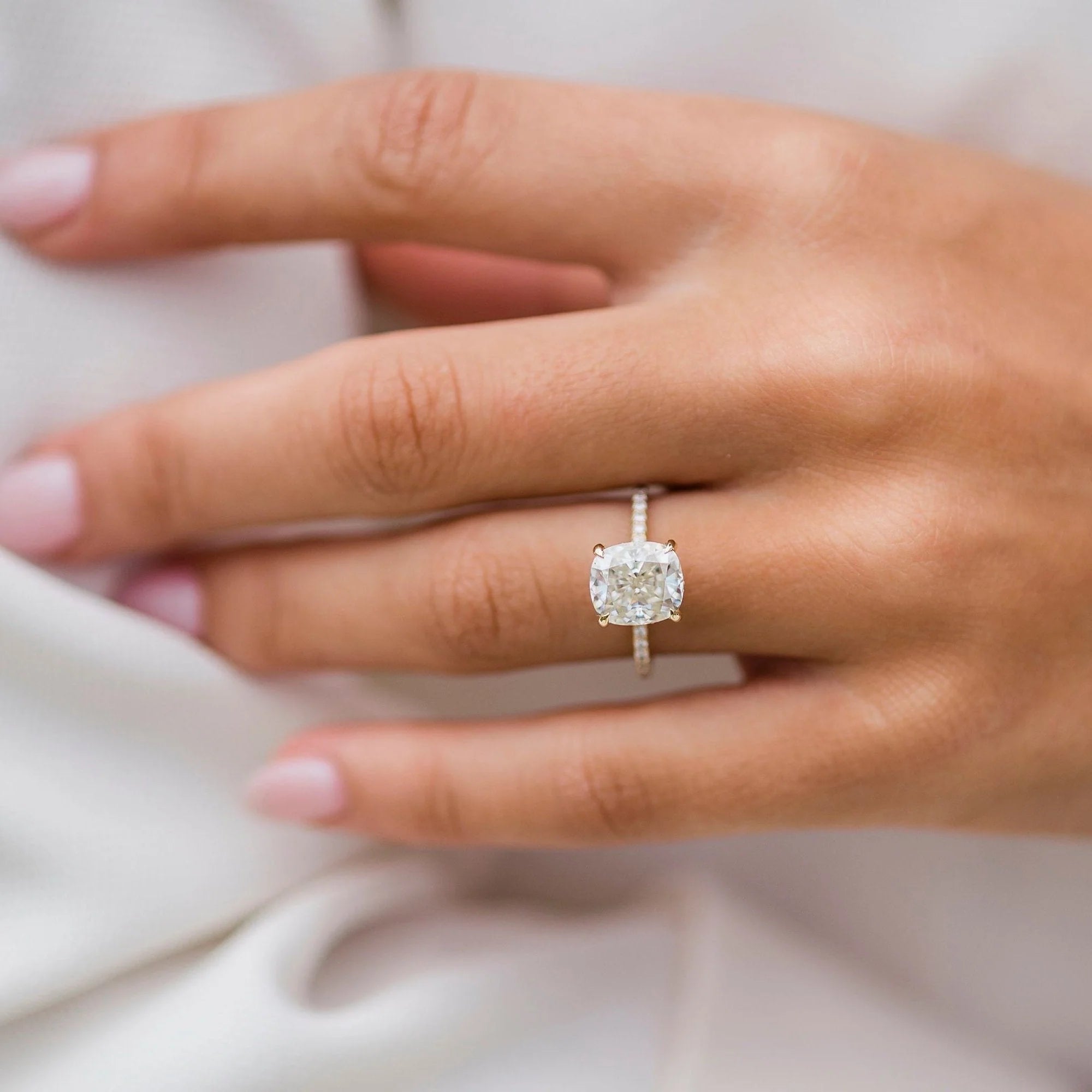 3 Carat Cushion Cut Hidden High Halo Lab Diamond Engagement Ring with Micro Pavé Band – view 7