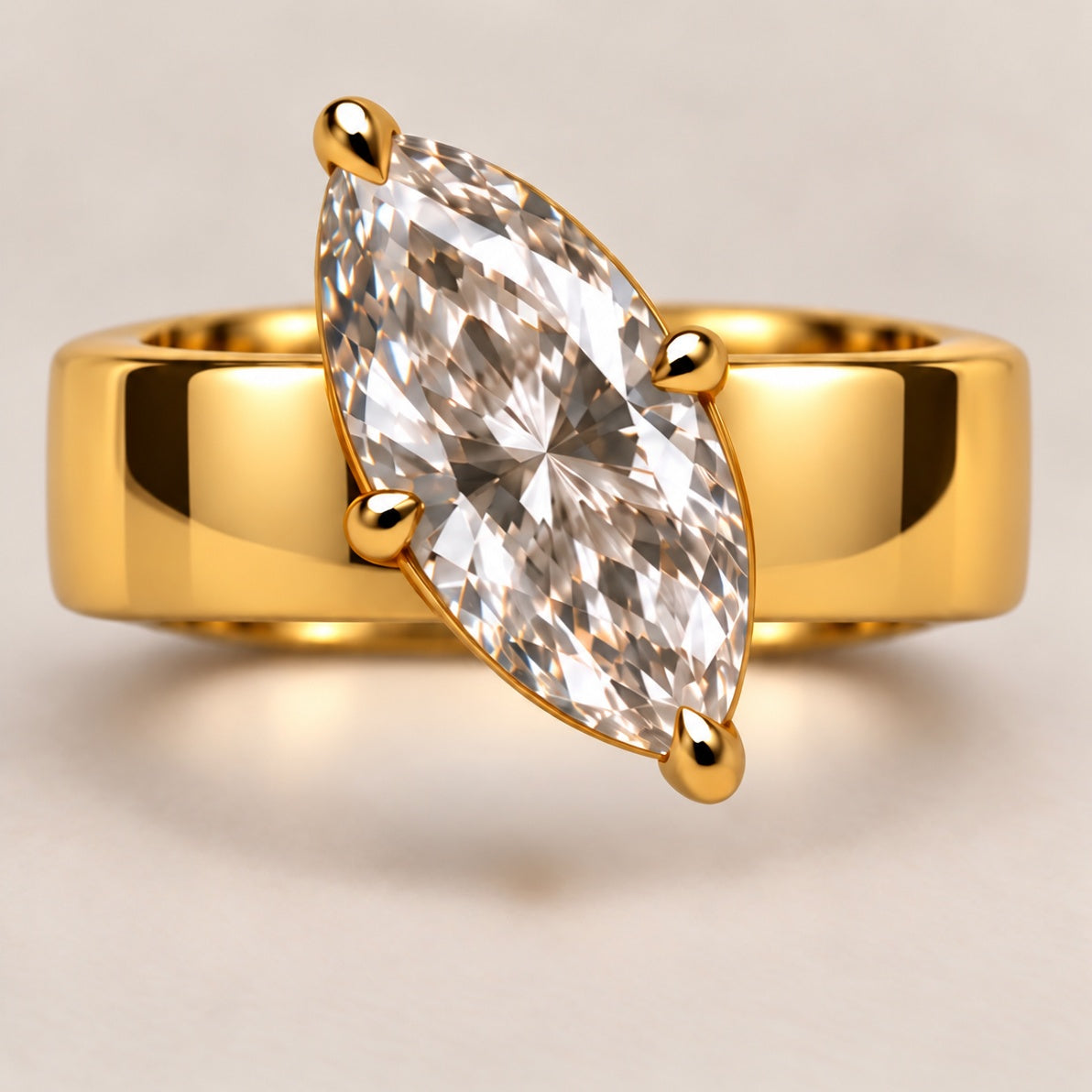 2.5 Carat Marquise Solitaire Engagement Ring with 6mm Wide Band in 18K yellow gold